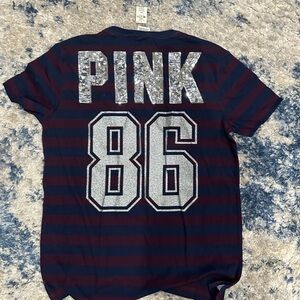 PINK Victoria's Secret Pink Bling Navy and Burgundy Striped Tee
